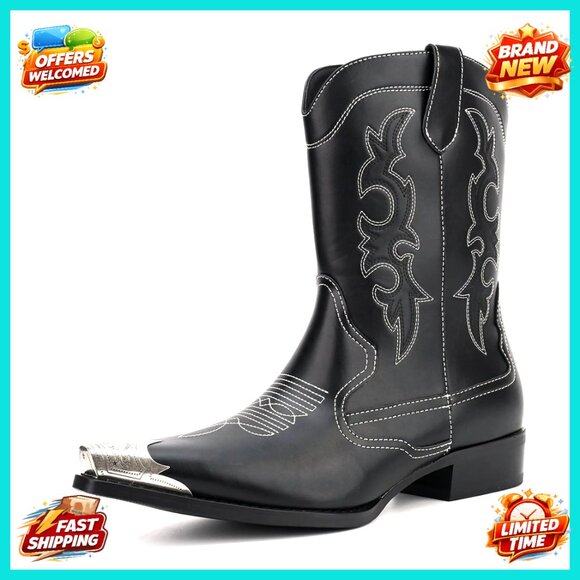Men's Western Cowboy Boots Embroidered Slip Resistant Retro Fashion Pull On
